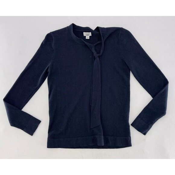J.Crew Factory Navy Blue 100% Cotton Tie Neck Long Sleeve Sweater XXS Preppy - Picture 3 of 10